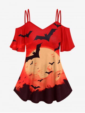 Gothic Sunset Bat Print Cold Shoulder T-shirt - RED - XS