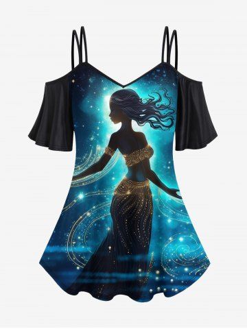 T-shirt Gothique Galaxie Princesse Imprimée à Epaule Dénudée à Paillettes
