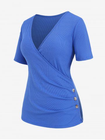 Plus Size Buttons Ruched Surplice Ribbed T-shirt - BLUE - 1XL