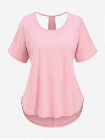 Plus Size Hollow Out Back Solid Color T-shirt - LIGHT PINK - 3XL