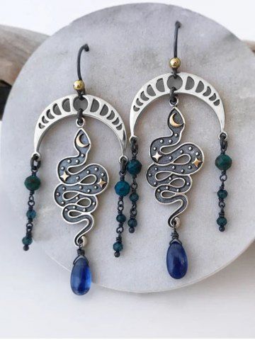 Moon Snake Faux Crystal Tassel Earrings - BLUE