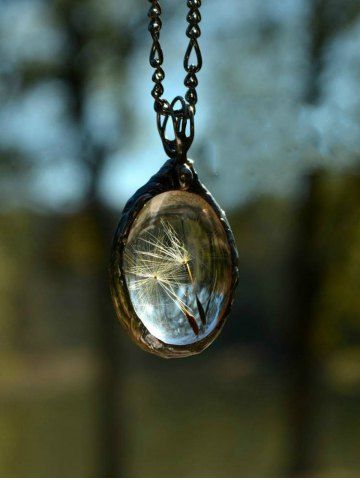 Oval Glass Dandelion Pendant Necklace - BLACK