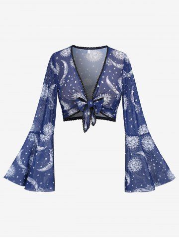 Plus Size Sun Moon Star Print Bowknot Tied Mesh Lace Trim T-shirt - BLUE - L | US 12
