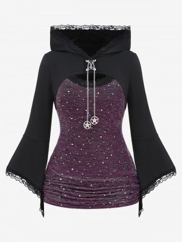 Plus Size Lace Trim Chains Textured Ruched Bell Sleeves Hooded T-shirt - PURPLE - L | US 12