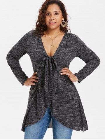 Plus Size Bowknot Tied Marled Surplice T-shirt