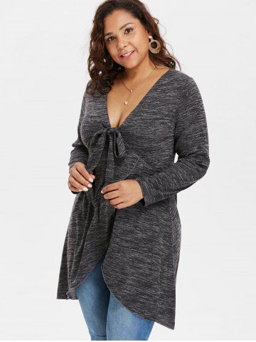 Plus Size Bowknot Tied Marled Surplice T-shirt