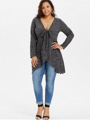 Plus Size Bowknot Tied Marled Surplice T-shirt