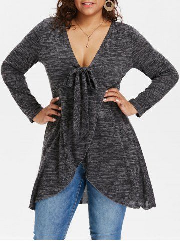 Plus Size Bowknot Tied Marled Surplice T-shirt