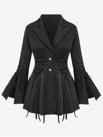 Plus Size Lapel Collar Lace Up Split Flare Sleeves Buttons Solid Long Sleeves Jacket - BLACK - M | US 10