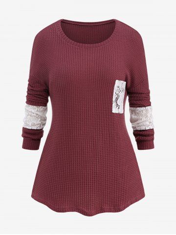 Plus Size Textured Floral Lace Patchwork  T-shirt - RED - XL