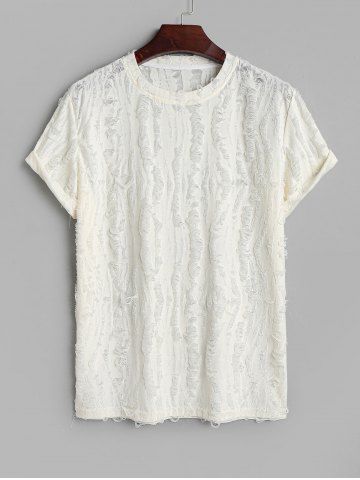 Casual Party Short Sleeves See Through Distressed Textured Summer T Shirt - WHITE - XL