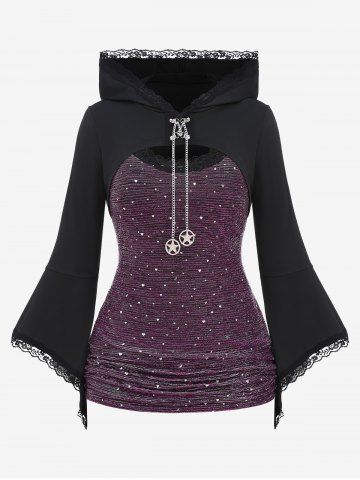 Plus Size Lace Trim Chains Textured Ruched Bell Sleeves Hooded T-shirt - PURPLE - 5X | US 30-32