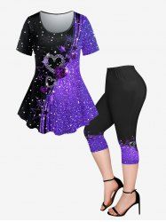 Plus Size Heart Pentagram Bicolor Printed Galaxy Short Sleeves T-shirt and Pocket Capri Leggings Outfit -  