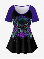 Halloween Plus Size Skull Flower Print T-shirt -  