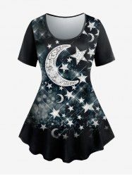 Plus Size Moon Star Glitter Print T-shirt -  