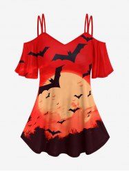 Gothic Sunset Bat Print Cold Shoulder T-shirt -  