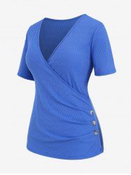 T-shirt Côtelé Superposé de Grande Taille avec Boutons - Bleu 1XL
