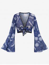 Plus Size Sun Moon Star Print Bowknot Tied Mesh Lace Trim T-shirt -  
