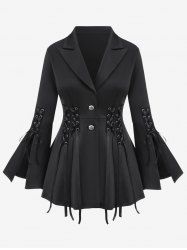 Plus Size Lapel Collar Lace Up Split Flare Sleeves Buttons Solid Long Sleeves Jacket -  