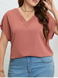 Plus Size Patchwork Batwing Sleeve V Neck Casual Top -  