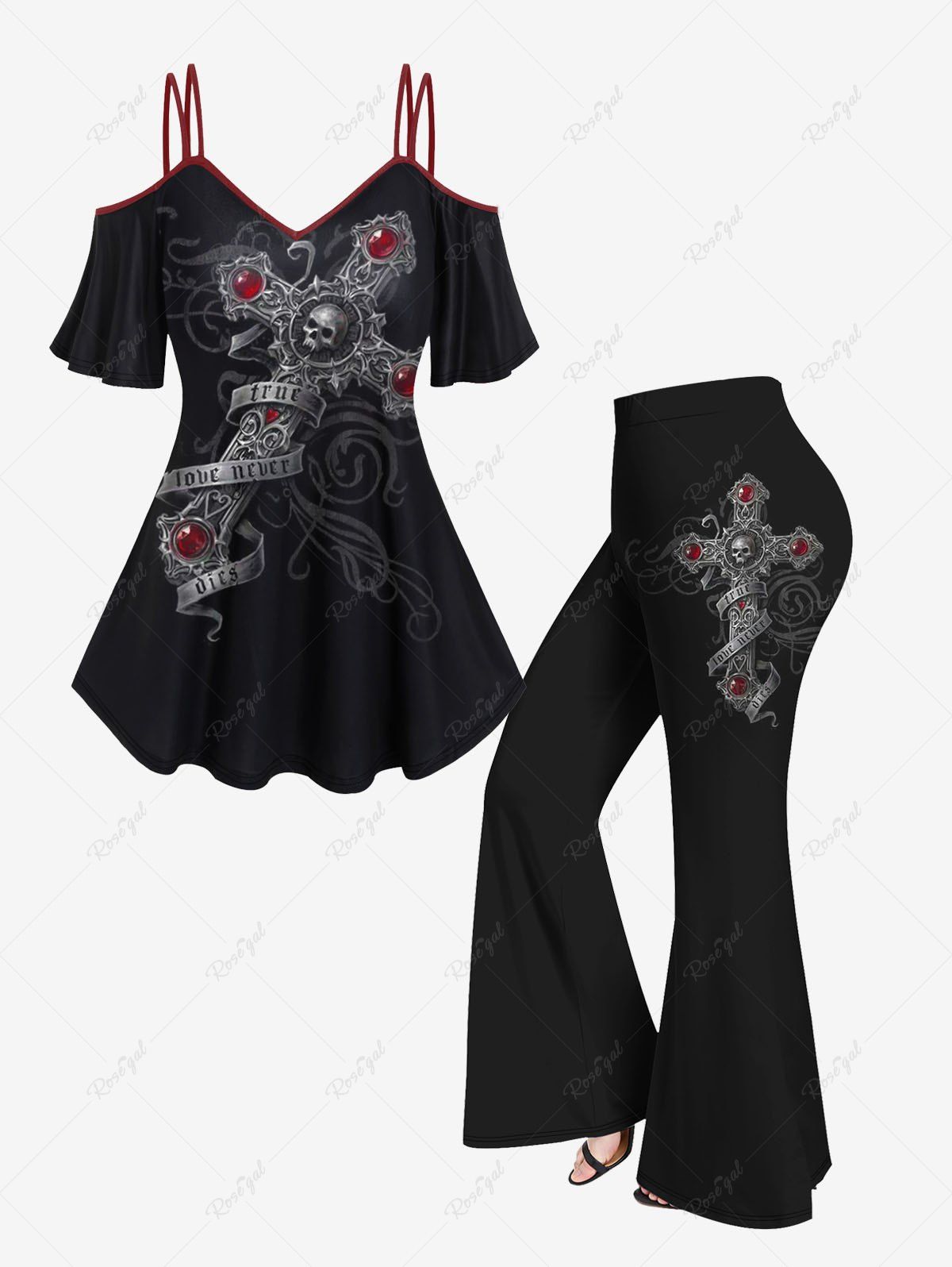 Ensemble de Haut D'Halloween Crâne Imprimée à Epaule Dénudée et de Pantalon Evasé Noir 