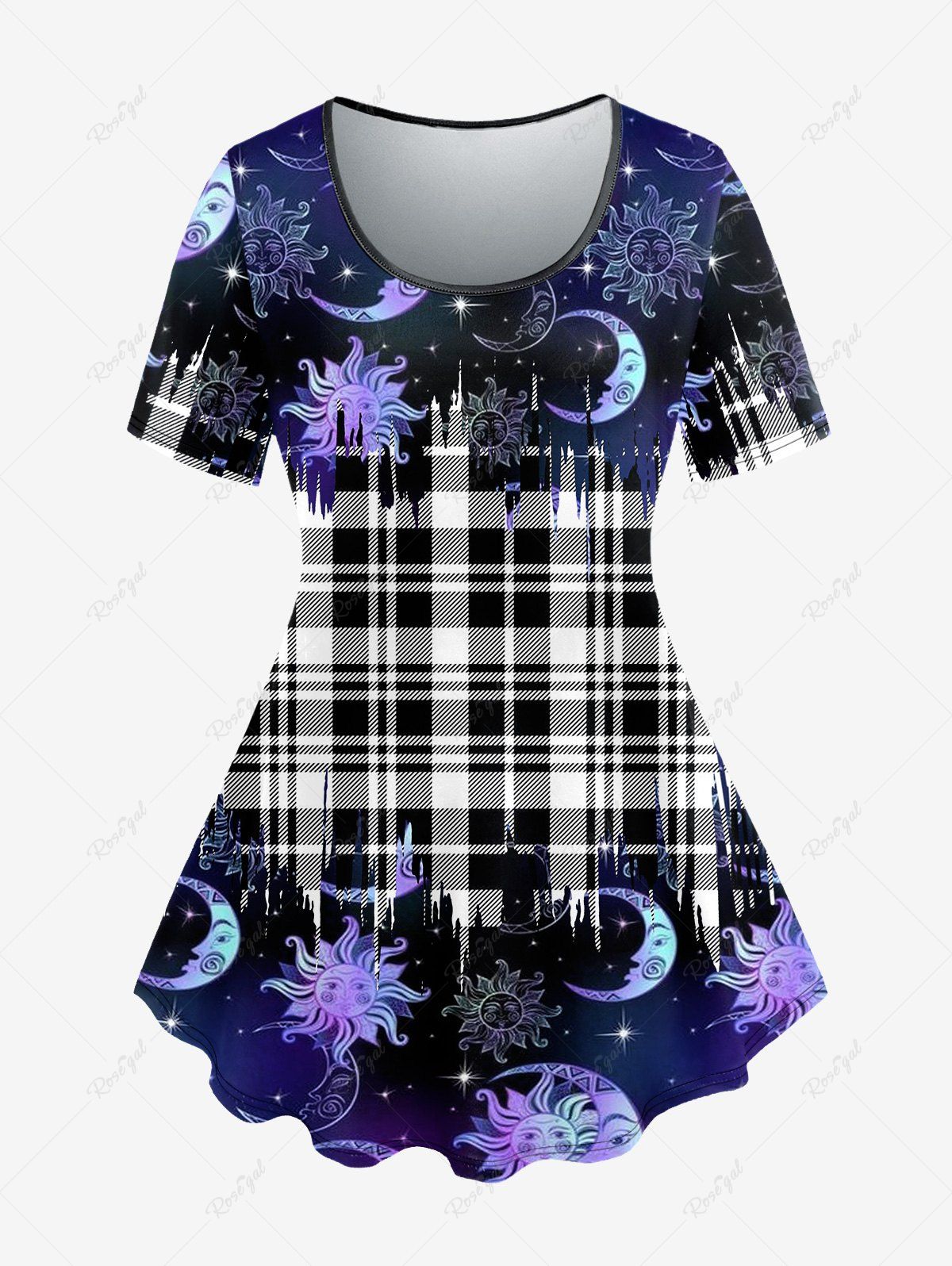 New Plus Size Plaid Sun Moon Galaxy Print Short Sleeves T-shirt  