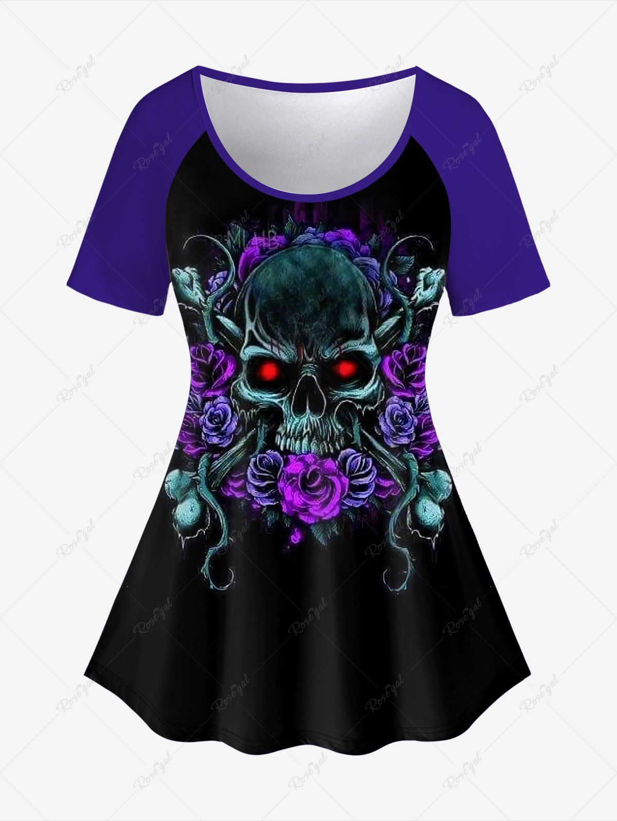 Affordable Halloween Plus Size Skull Flower Print T-shirt  
