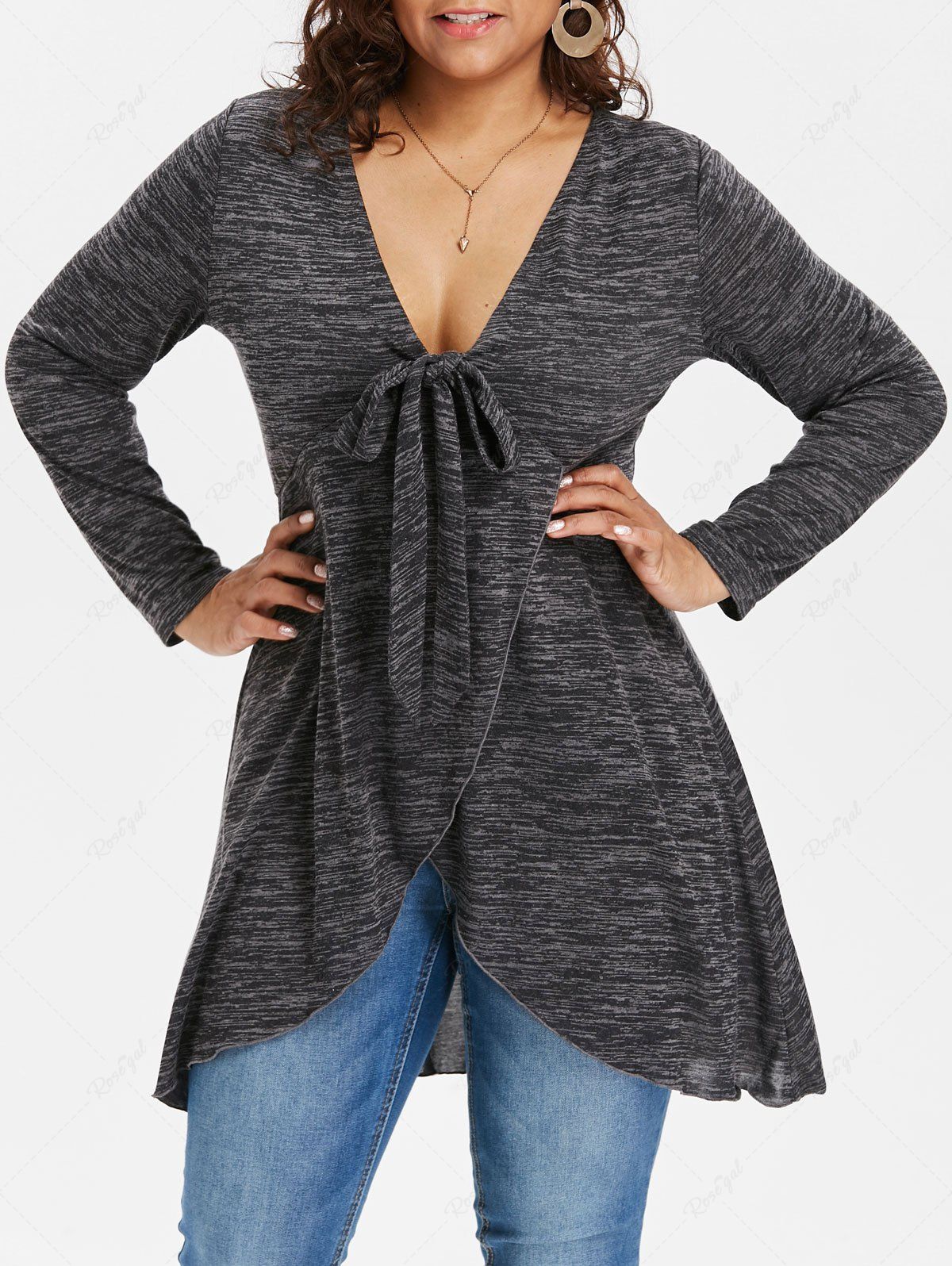 Trendy Plus Size Bowknot Tied Marled Surplice T-shirt  