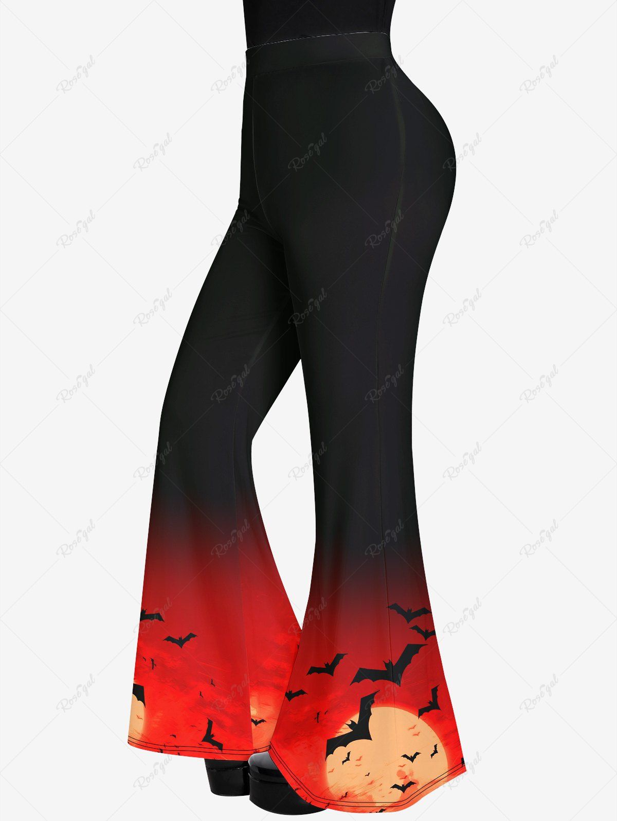 Pantalon Évasé Ombré à Imprimé Chauve-Souris et Coucher du Soleil Style Gothique Rouge 3X