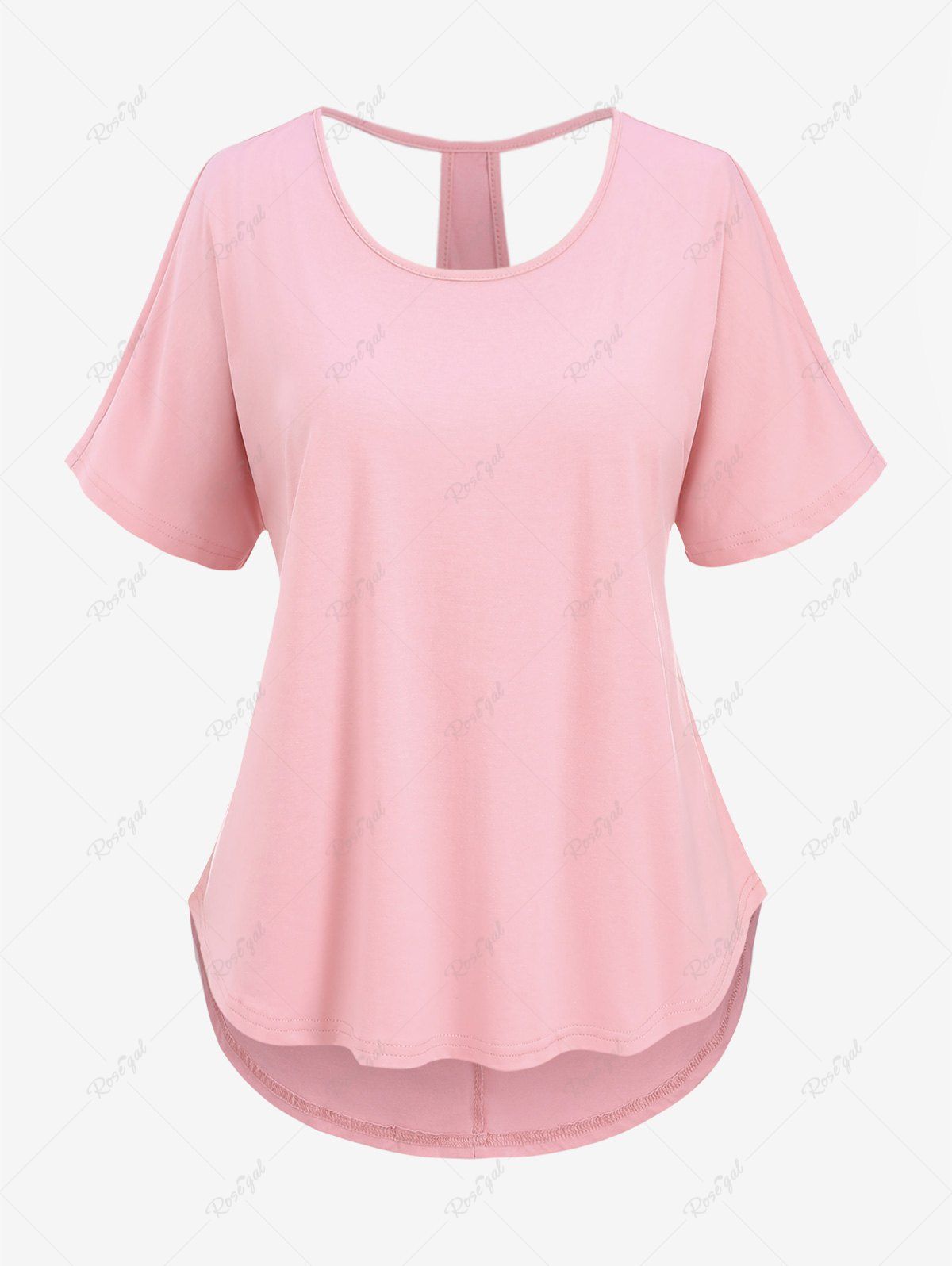 T-shirt Evidé Au Dos en Couleur Unie de Grande Taille Rose clair 1XL