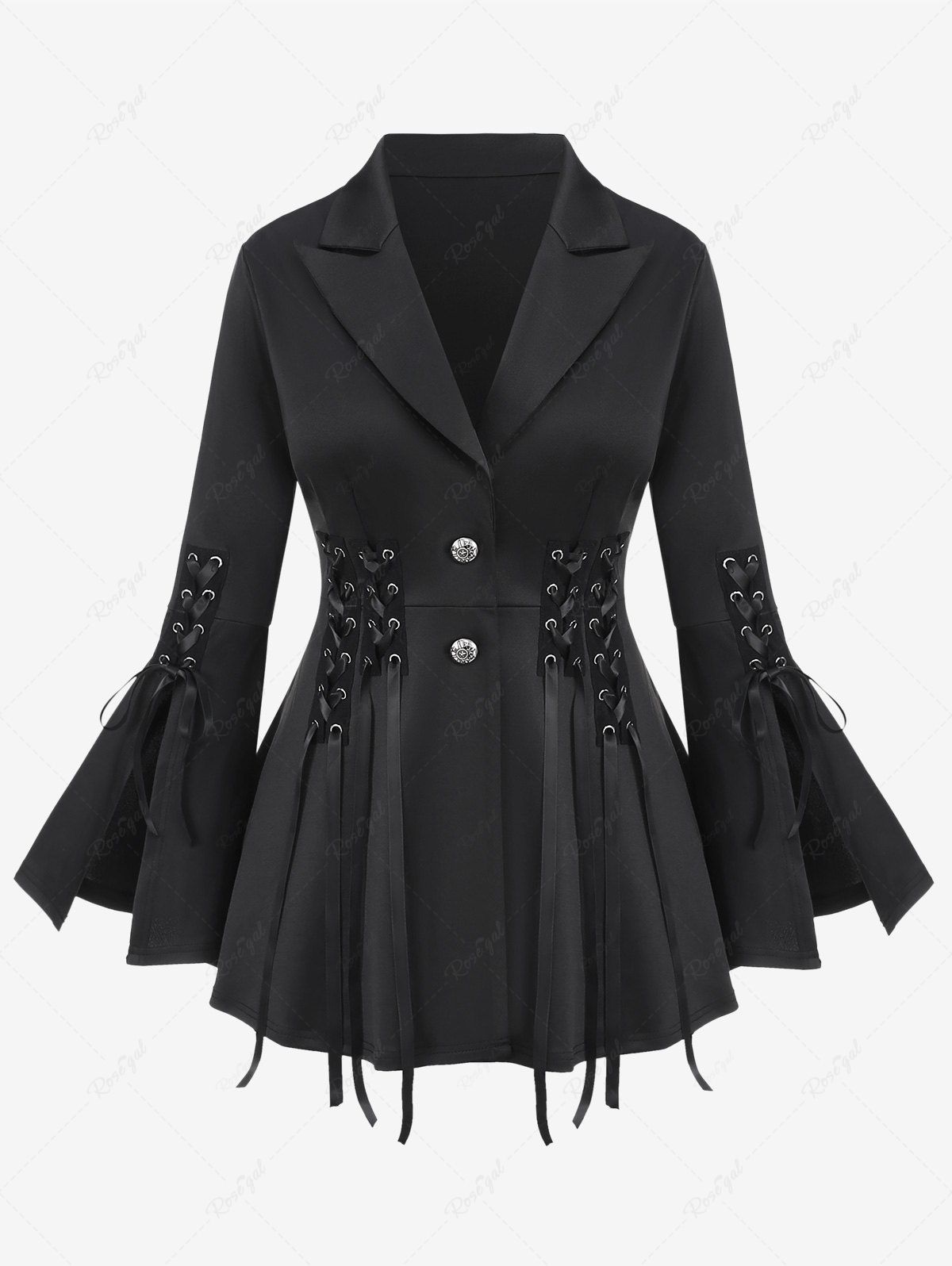 Buy Plus Size Lapel Collar Lace Up Split Flare Sleeves Buttons Solid Long Sleeves Jacket  