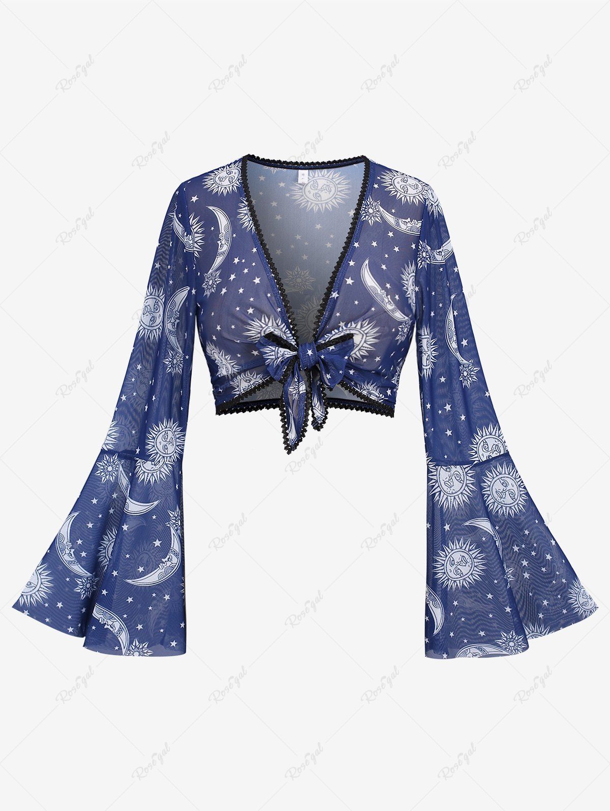 Fashion Plus Size Sun Moon Star Print Bowknot Tied Mesh Lace Trim T-shirt  
