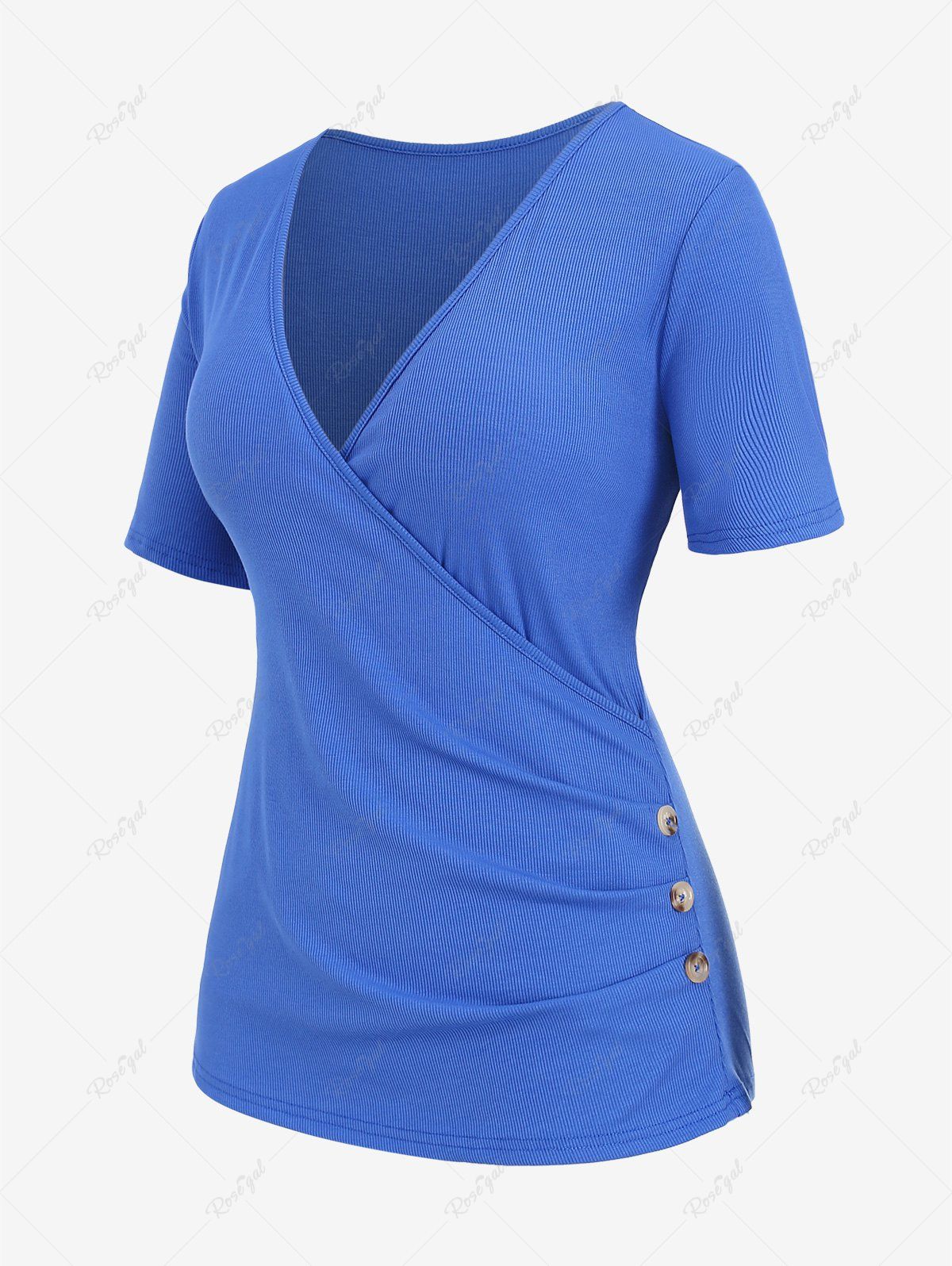 T-shirt Côtelé Superposé de Grande Taille avec Boutons Bleu 3XL
