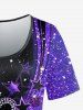 Plus Size Heart Pentagram Bicolor Printed Galaxy Short Sleeves T-shirt and Pocket Capri Leggings Outfit -  