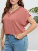 Plus Size Patchwork Batwing Sleeve V Neck Casual Top -  