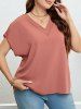 Plus Size Patchwork Batwing Sleeve V Neck Casual Top -  