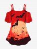 Gothic Sunset Bat Print Cold Shoulder T-shirt -  