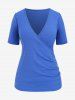 T-shirt Côtelé Superposé de Grande Taille avec Boutons - Bleu 1XL