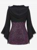 Plus Size Lace Trim Chains Textured Ruched Bell Sleeves Hooded T-shirt -  