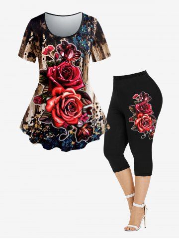 Plus Size Tie Dye Colorblock Rose Floral Printed Short Sleeves T-shirt and Leggings Outfit - BLACK