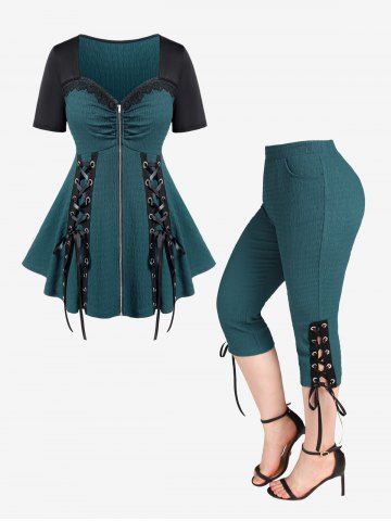 Lace Up Ruched Zipper Lace Insert T-shirt and Capri Pants Plus Size Outfits - DEEP BLUE