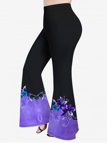Plus Size Colorblock Flower Print Flare Pants - BLACK - 1X