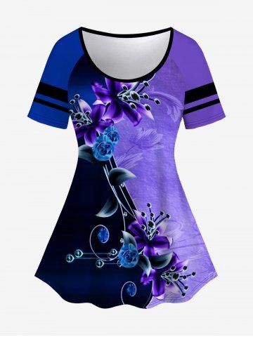 Plus Size Ombre Colorblock Flower Print T-shirt - MULTI - 1X
