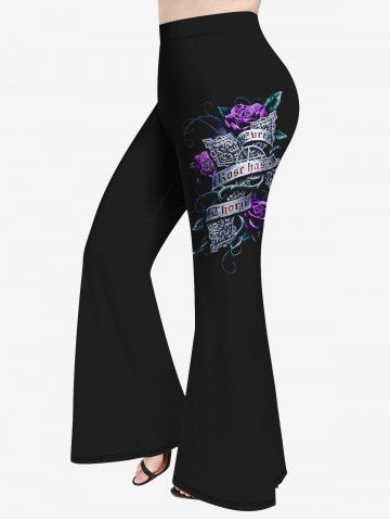 Plus Size Floral Letter Print Flare Pants - BLACK - L