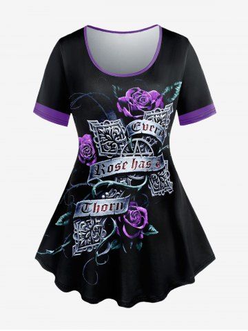 T-shirt Lettre Fleuri Imprimé de Grande Taille à Manches Courtes - BLACK - L