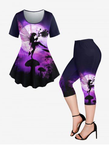 Galaxy Angel Moon Plant Print Short Sleeves T-shirt and Capri Leggings Plus Size Outfits - PURPLE
