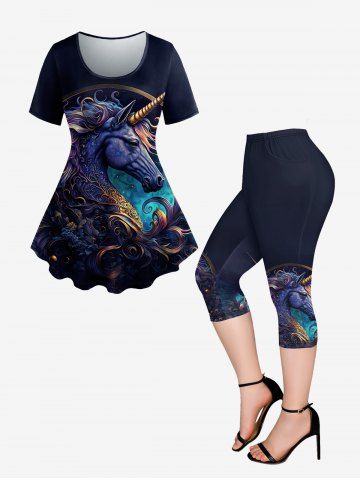 Unicorn Plant Print Short Sleeves T-shirt and Capri Leggings Plus Size Outfits - BLACK
