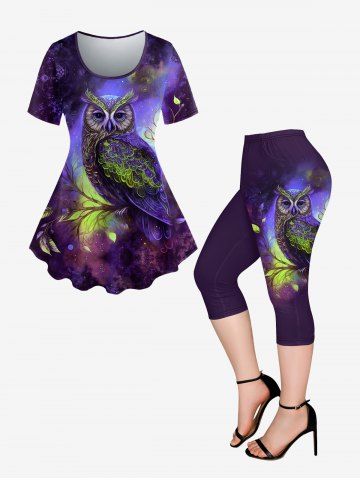 Galaxy Owl Branch Print Short Sleeves T-shirt and Capri Leggings Plus Size Outfits - PURPLE