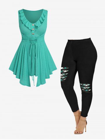 Lace Up Heart Button Ruched Ruffles Tank Top and 3D Ripped Plaid Printed Leggings Plus Size Outfits - LIGHT GREEN