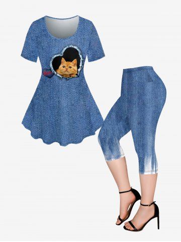 3D Ripped Heart Cat Denim Print T-shirt and Capri Leggings Plus Size Outfits - BLUE